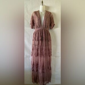 Honey Punch Lace Romper Maxi Dress Size S Deep V Sheer Dusty Rose Festival Boho